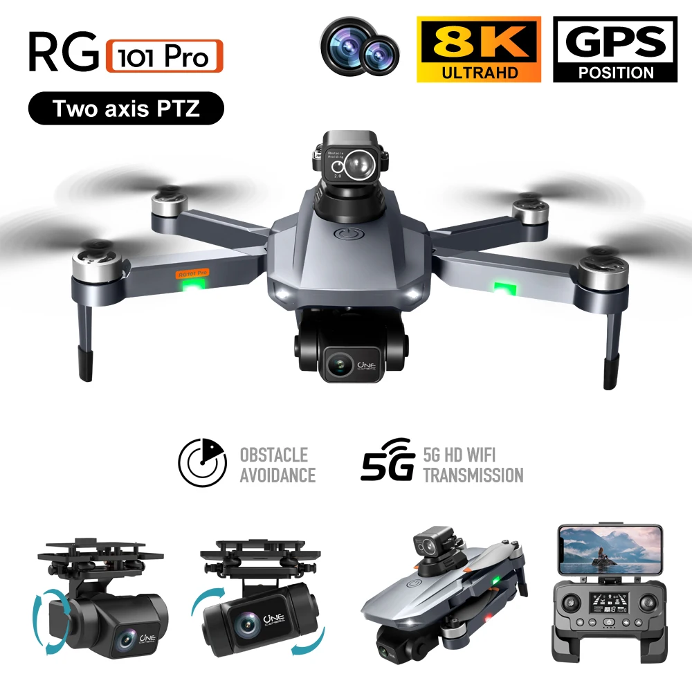 

Квадрокоптер RG101 Pro с 2-осевым шарнирным замком, углом обхода препятствий 360 °, Двойной HD камерой для аэрофотосъемки, бесщеточным GPS, складной, ...