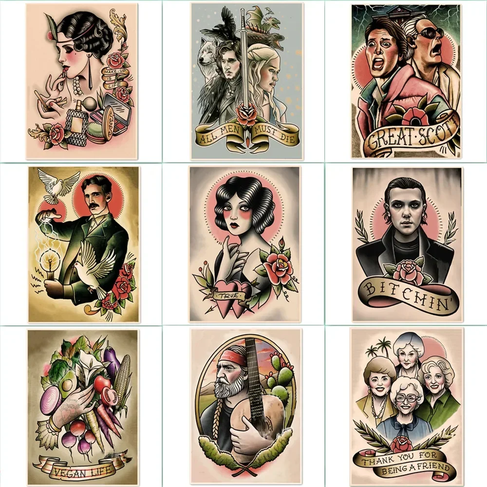 Изысканная татуировка с рисунком настенная живопись винтажные постеры из