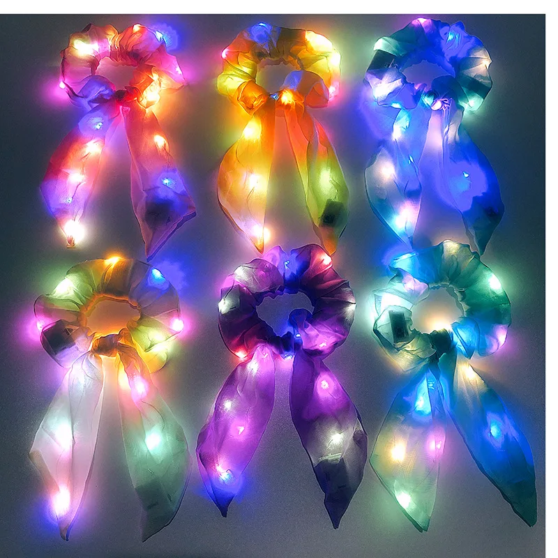 

24pcs Girl Light Led Hair Scrunchies Ponytail Holders Bow Scarf Ties Women Rave Glow Party Wedding Easter Halloween Festival