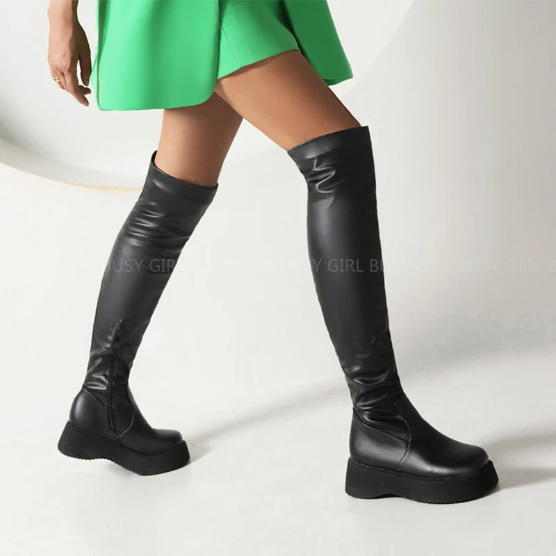 

Busy Girl wej153 Black Flat Sexy Large Stretch Over Knee Boots 43 Size Round Toe Side Zipper Thigh Boots
