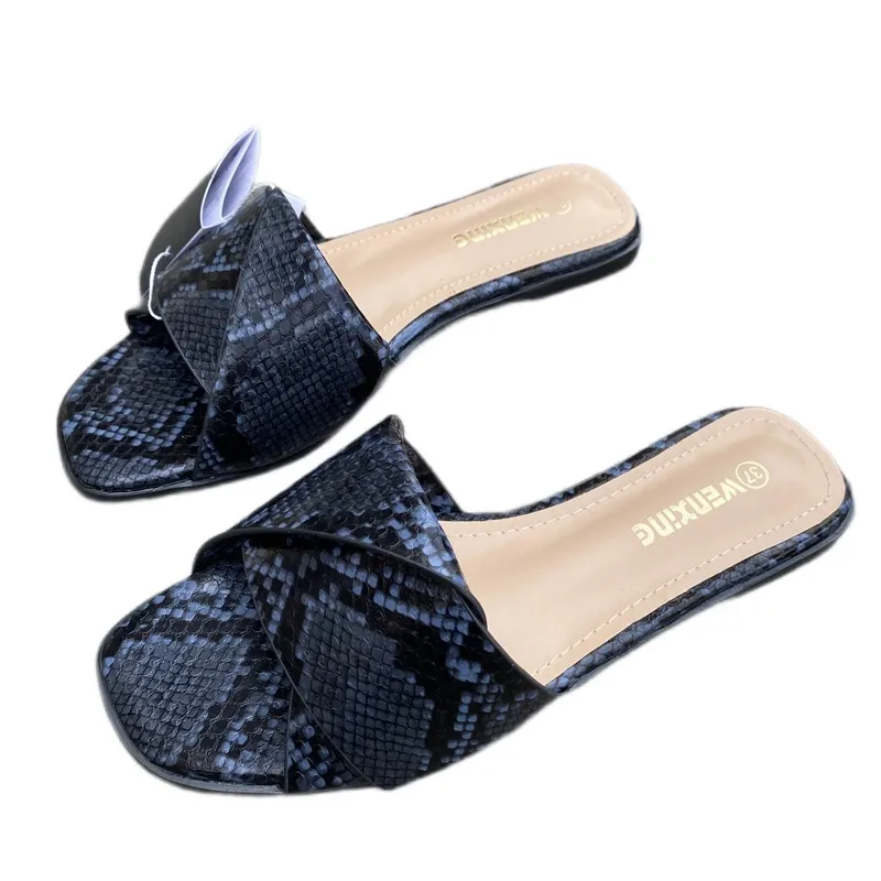 

Шлепанцы женские из змеиной кожи, сланцы с открытым носком, с принтом животных, пляжная обувь на плоской подошве, пикантные тапочки, лето 2022