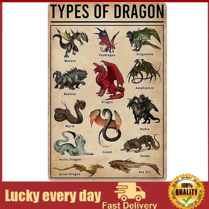 

Types Of Dragon Knowledge Print Poster Metal Tin Signs Popular Science School Garden Farm Hospital Information Table Bar Garage