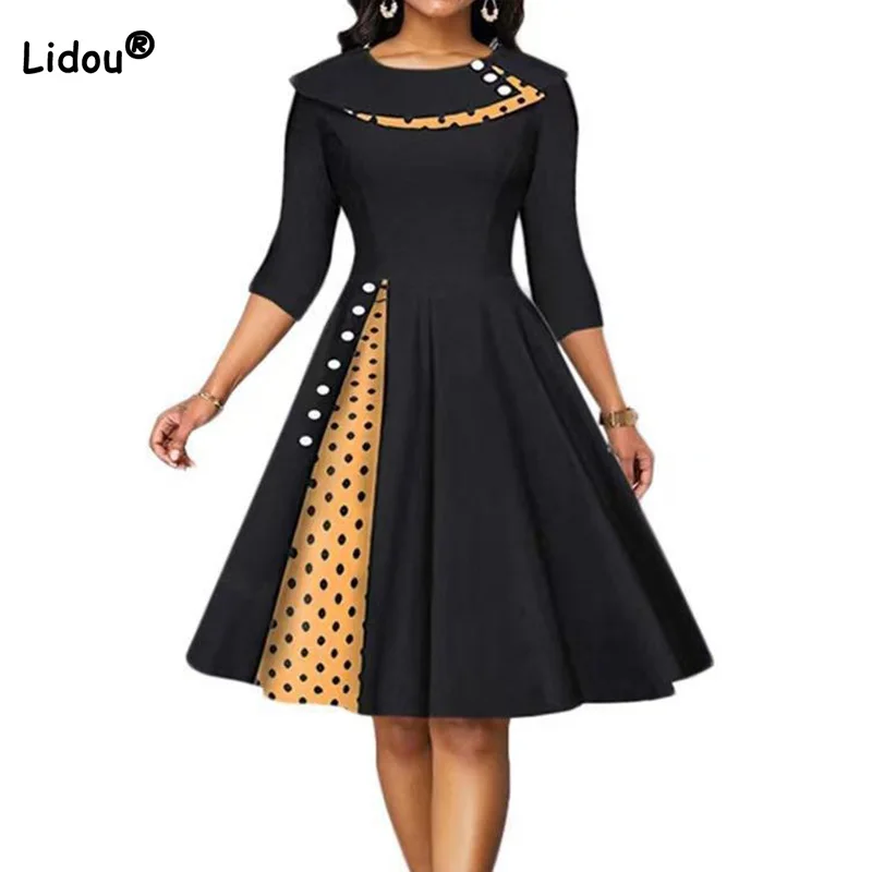 Купи Vintage Polka Dot Printing Long Sleeve Autumn Winter Color Matching Zipper Waist Pleated Elegant Knee-length Dress for Women за 1,388 рублей в магазине AliExpress