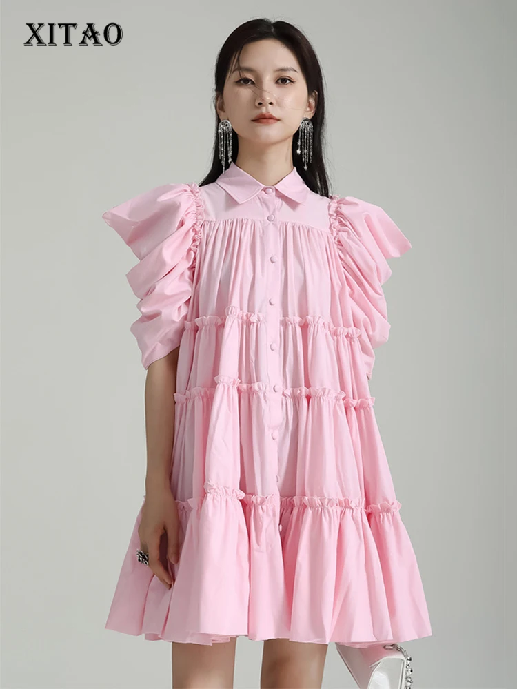 

XITAO женское платье со складками и рукавами-фонариками, винтажное однотонное милое мини-платье 2023, летнее новое платье-рубашка с отложным воротником HQQ0796