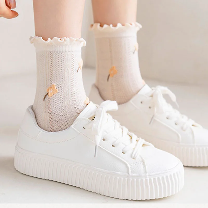 Women Socks Floral Vintage Girls Sock Breathable Cotton Kawaii Short Sox Summer Ultra-thin High Quality Lolita Ankle Calcetines