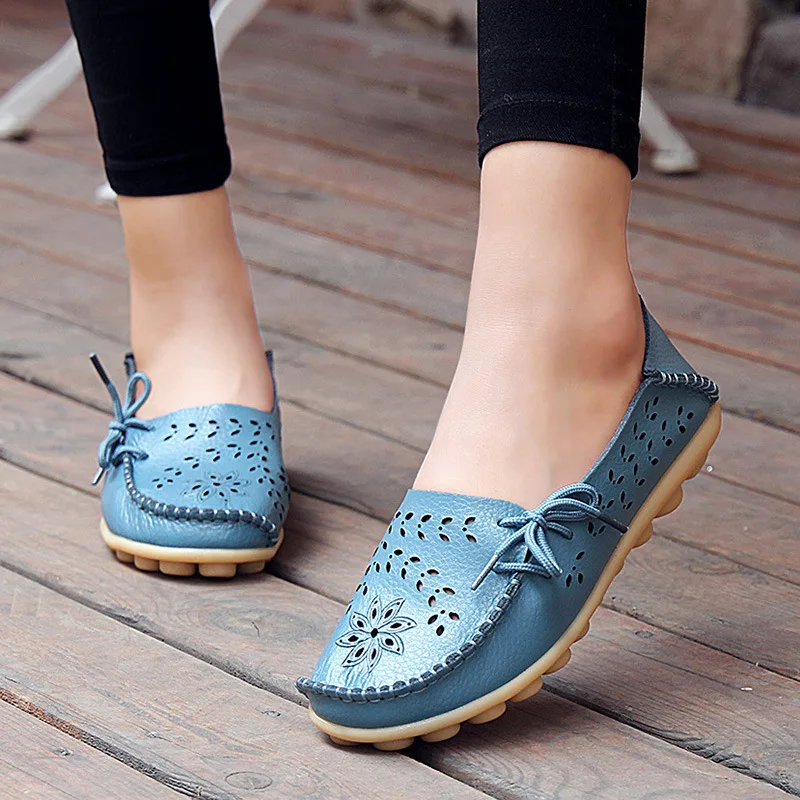 

Women Hollow Flat Shoes Slip on Leather Loafers Plus Size 34-44 Female Casual Moccasins Zapatos Mujer Soft Nurse Ballerina Shoes