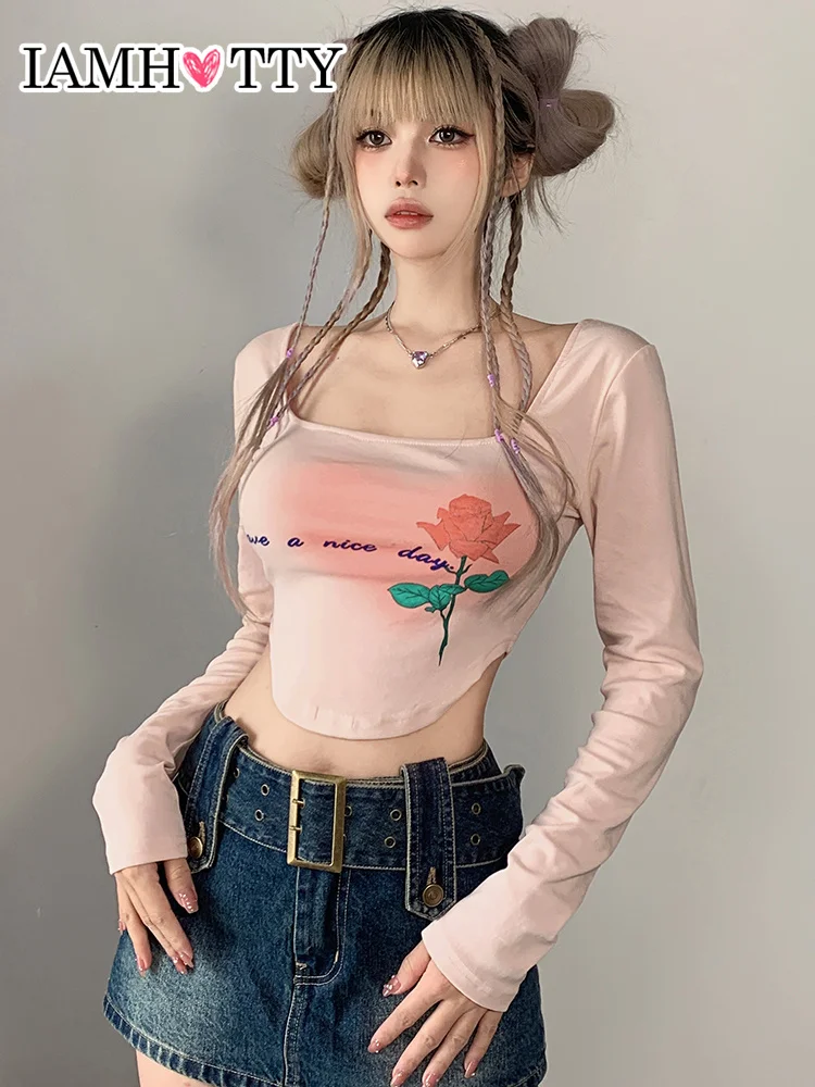 

IAMHOTTY милый розовый укороченный топ с буквенным цветочным принтом, Женская Милая футболка с квадратным вырезом, асимметричный облегающий пу...