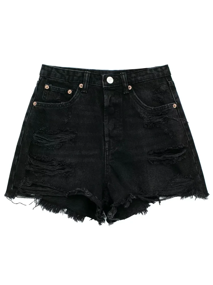 PAILETE Women 2023 fashion five-pocket ripped denim bermuda shorts vintage high-waist zipper fly female jeans mujer