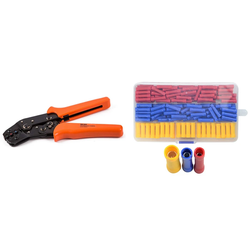 

200 PCS Insulated Straight Wire Butt Splice Terminals Electrical Crimp Connector With Crimping Pliers, Crimping Tool