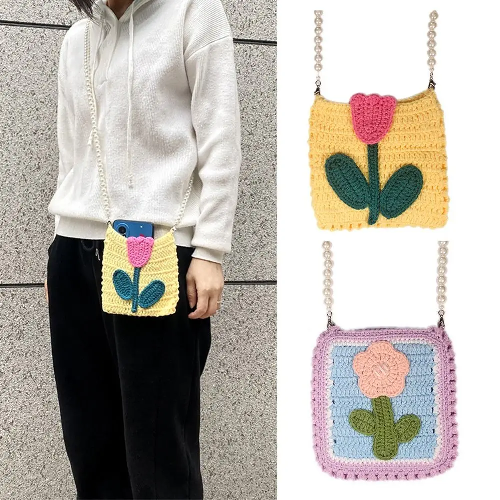 

Подарочная сумка ручной вязки, сумка на плечо, сумка для монет, Сумка с цветочной вышивкой и жемчужной цепочкой для женщин, вязаная сумка через плечо
