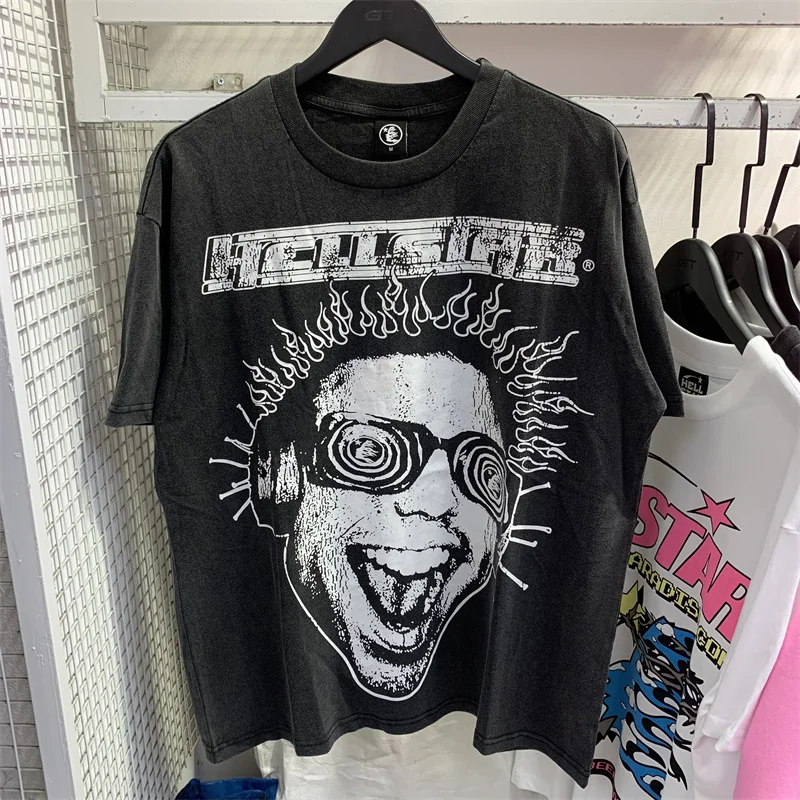 

23ss Hellstar Black T-shirt Tie-dye Printed Portrait Best Quality Vintage Tops Mens Womens Loose Short Sleeve T Shirt