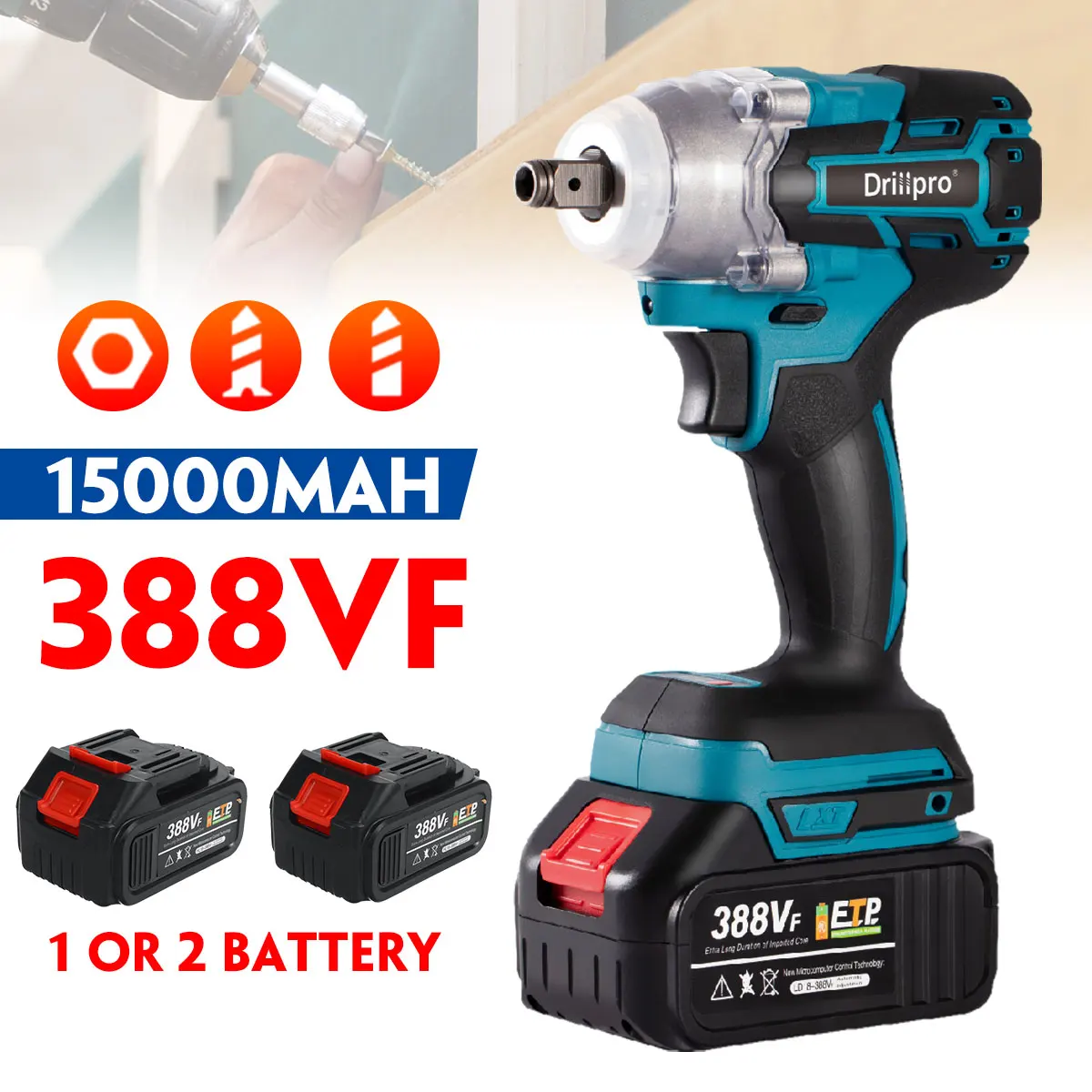 Электрический ударный гайковерт Drillpro 388VF нм, бесщеточный ударный гайковерт, 2 шт., литиевая батарея, светодиодный светильник для Makita, 18 в