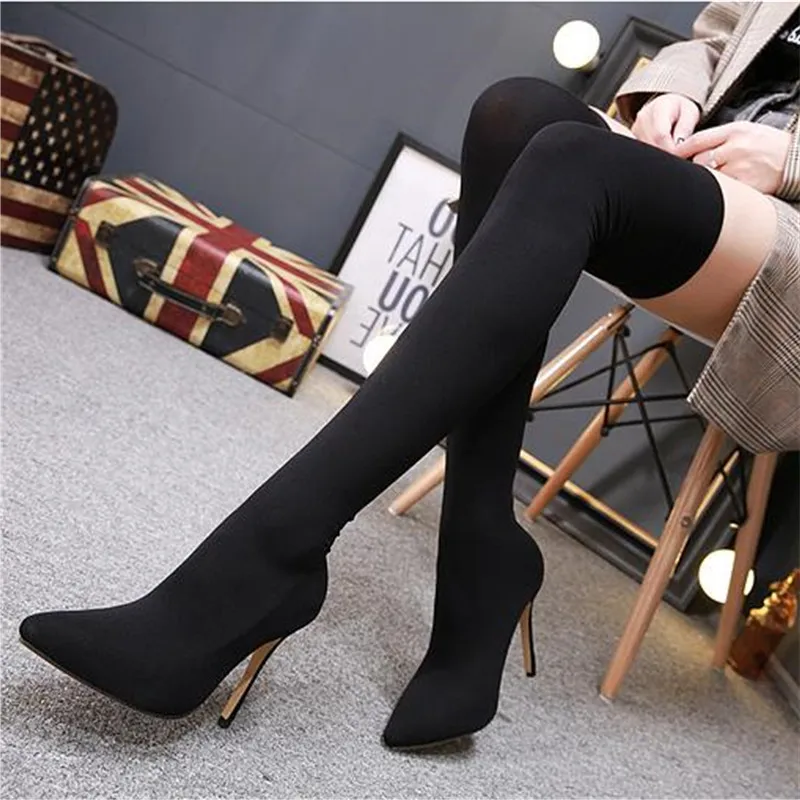 

Hot Style 2023 Fashion Stretch Fabric Sock Boots Lady Over-the-Knee Heel Thigh High Pointed Toe Shoes Woman Elastic Tall Boots