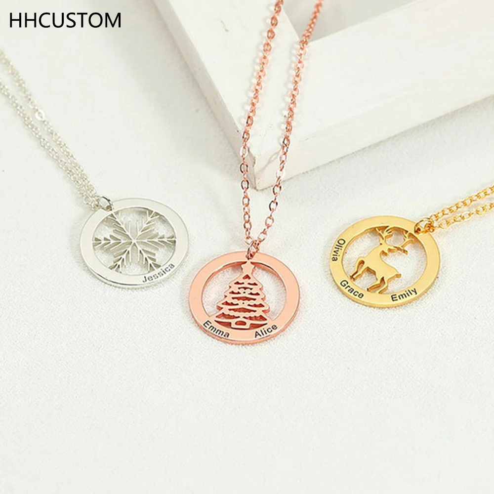 

HHCUSTOM Custom Carved Name Necklaces Stainless Steel Christmas Tree Snowflake Elk Pendant For Women Personaily Jewelry Gifts