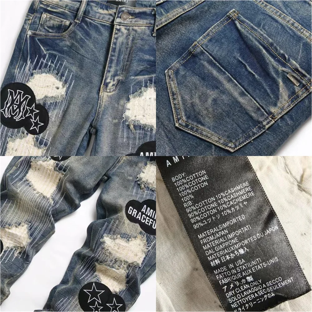 Seasonal Embroidered Jeans for Men Slim Fit Splicing Micro Seal LO Elastic Slim Fit High Street Tears Scratched Luxury Straight