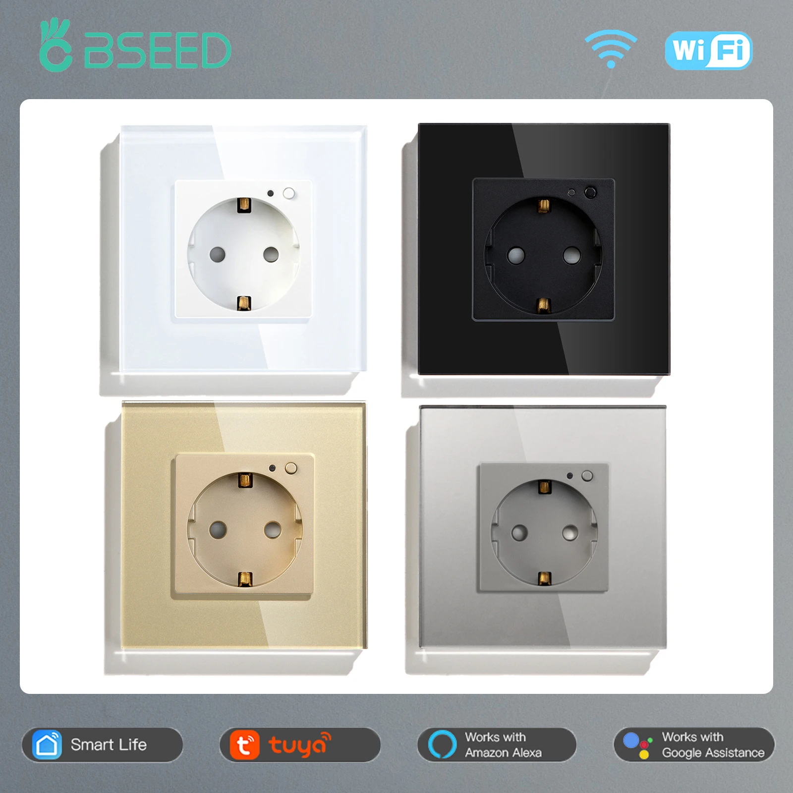 

BSEED WIFI Single Power EU Sockets Smart Outlets With Power Monitor Function 16A Glass Panel Google Alexa Smart Life App Control