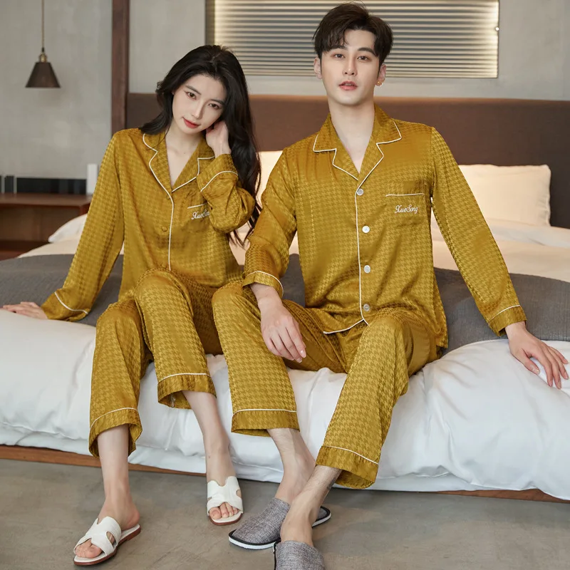

Yellow Plaid Women 2PCS Pajamas Suit Long Sleeve Home Clothing Intimate Lingerie Casual Sleep Set With Pocket Pyjamas
