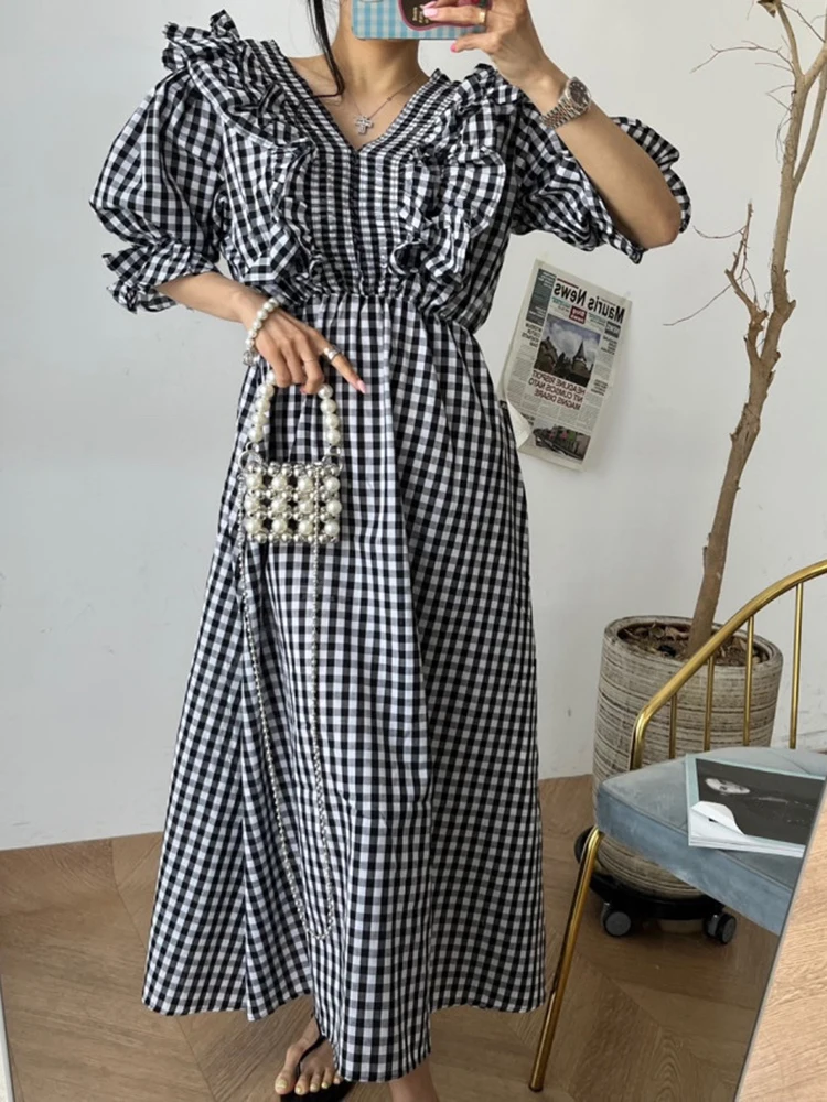 

Женское клетчатое платье в стиле пэчворк, длинные плиссированные платья с V-образным вырезом, пышными рукавами и высокой талией, летняя одеж...