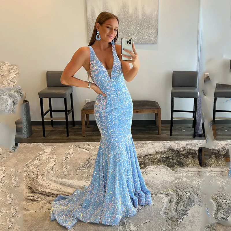 

VENUS Deep V Neck Evening Dress For Women Mermaid Robe De Soiree Prom Gown Formal Dress Backless Sparkly Sequined Party Dress