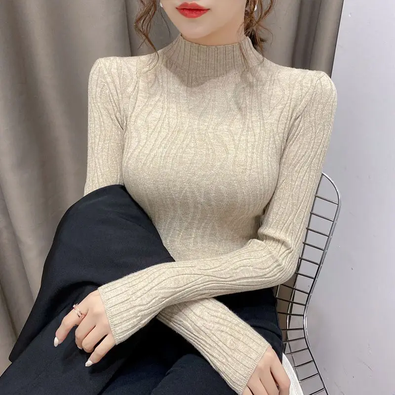 

2023 Autumn/Winter New Half High Collar Underlay Fashion Women's Long Sleeve Knitted Sweater Solid Color Slim Fit Versatile Top