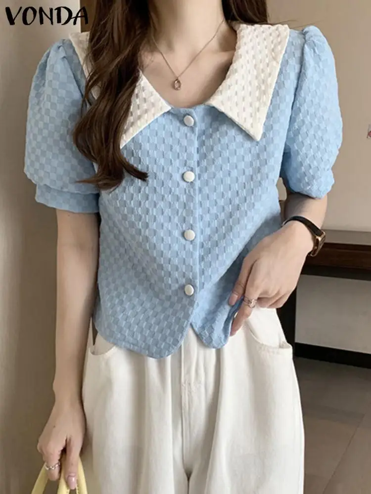 

Богемные Топы 2022 VONDA, женские повседневные рубашки с отложным воротником, женские блузки с коротким рукавом и пуговицами, мешковатые пляжны...