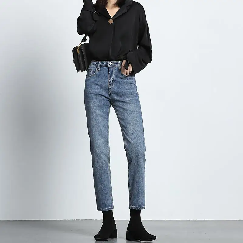 

Женские джинсы с прямыми штанинами, новинка сезона осень-зима 2023, плюшевые Свободные повседневные брюки с высокой талией, женские теплые утепленные джинсовые брюки