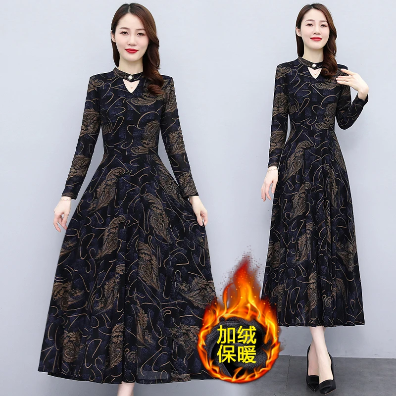 Осень-зима плюс бархатное плотное теплое платье женское винтажное роскошное