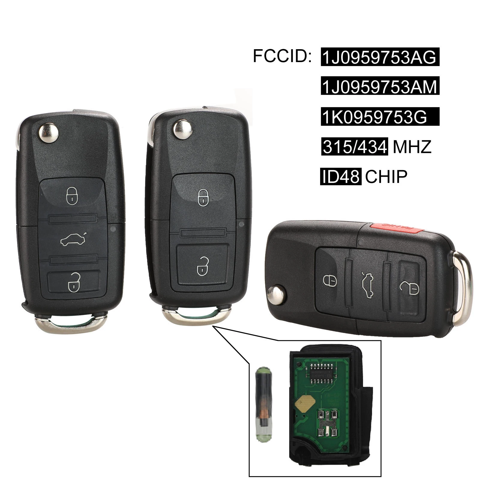 Jingyuqin 2/3/4 Taste Flip Remote Key Fob 434MHz ID48 Chip Für VW Beetle Bora Golf Passat Polo Transporter T5 1J 0 959 753 AG