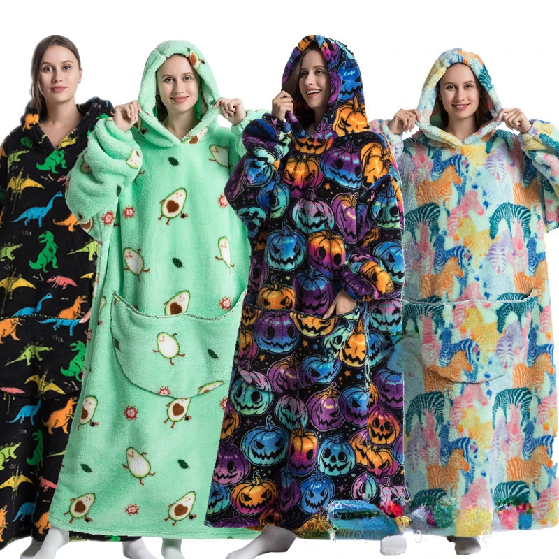 Super Long Oversized Winter Sherpa Blanket Plush Flannel Warm Family Matching Hoodie Halloween Homewear Avocado Women Sweatshirt
