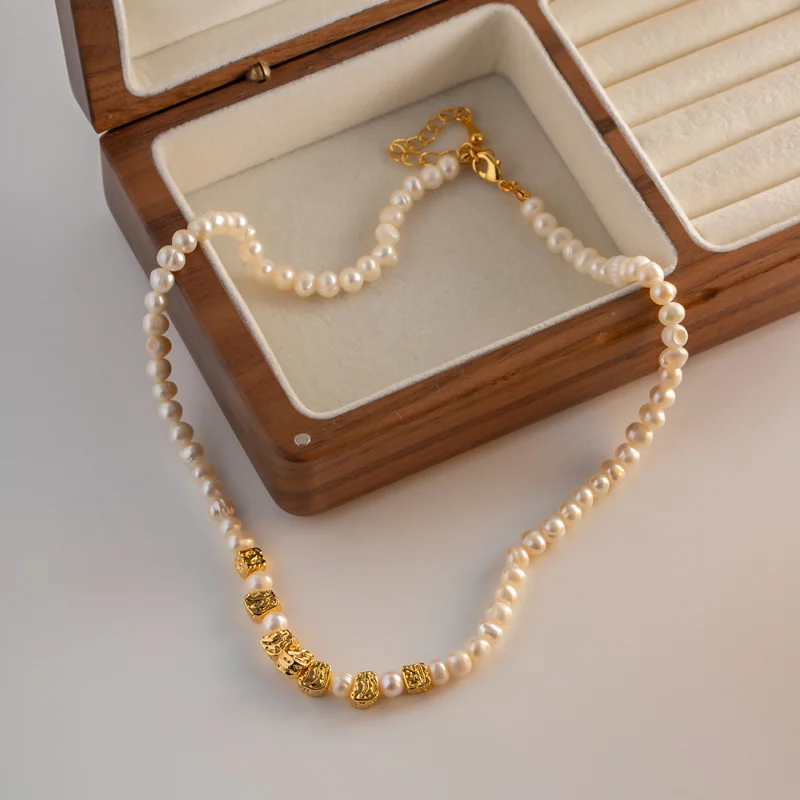 

ALLNEWME Retro Real Freshwater Pearl Irregular Beads Strand Necklace for Women 18K Gold Plated Stainless Steel Chokers Necklaces