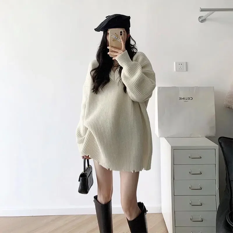 Свитер женский оверсайз с V-образным вырезом теплая одежда повседневный