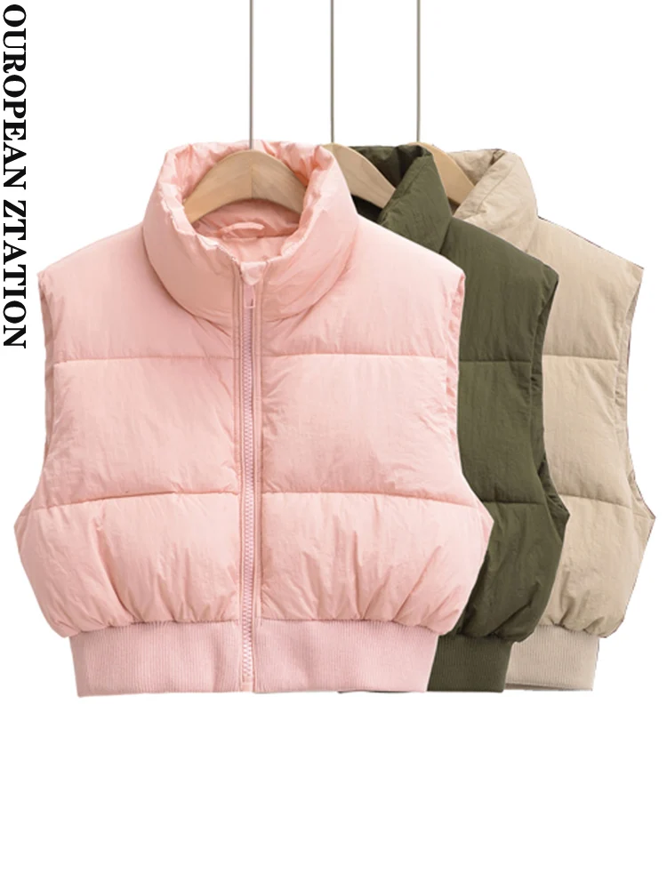 

PAILETE Women 2023 fashion elastic hem zip-up crop padded waistcoat vintage high neck sleeveless female outerwear chic vest tops