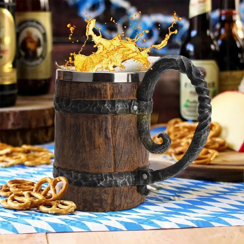 

Viking Drinking Cup Vintage Imitation Wooden Barrel Beer Mug Leak-proof Stainless Steel 550ml Drinkware Handmade Cocktail Juice