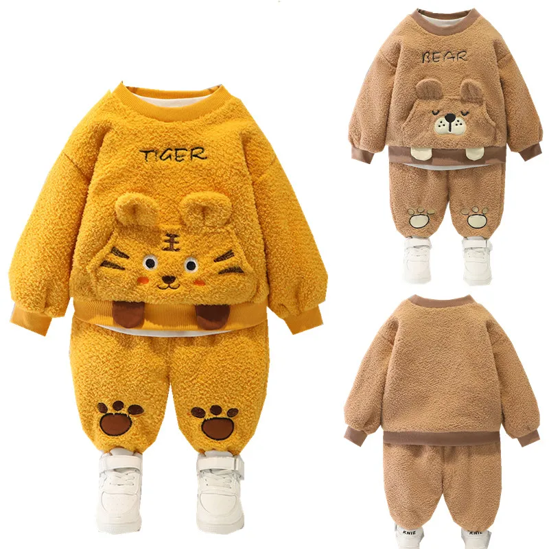

Boys Girls Cute Clothes Sets Autumn Winter Children Cotton Thick Velvet Pullover Coats Pants 2pcs Tracksuits Baby Toddler Outfit