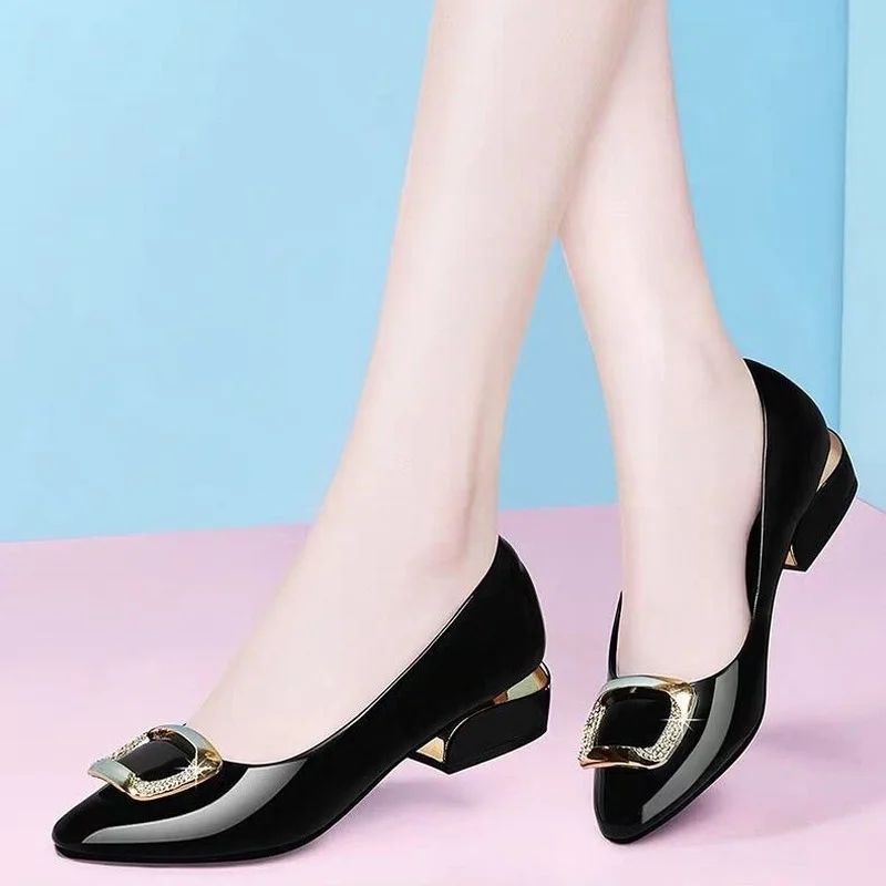 

Comemore Soft Leather Pumps Shoes Women's 2022 New Elegant Four Seasons Black Low Heel Thick Heel Shallow Mouth Heels Women Shoe