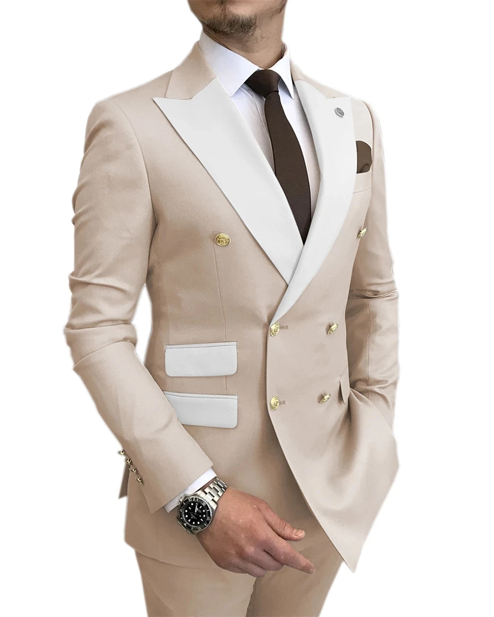 

New Men's Suit Beige Slim Double-breasted White Lapel Fashion Groom Best Man Wedding Party (Blazer + Pants) SX