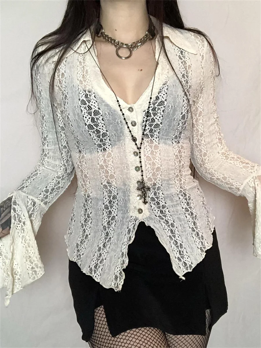 

wsevypo Vintage 2000s Aesthetic See-Through Lace Tops Women Flare Long Sleeve Laple V-Neck Button up T-Shirts Grunge Street Tees