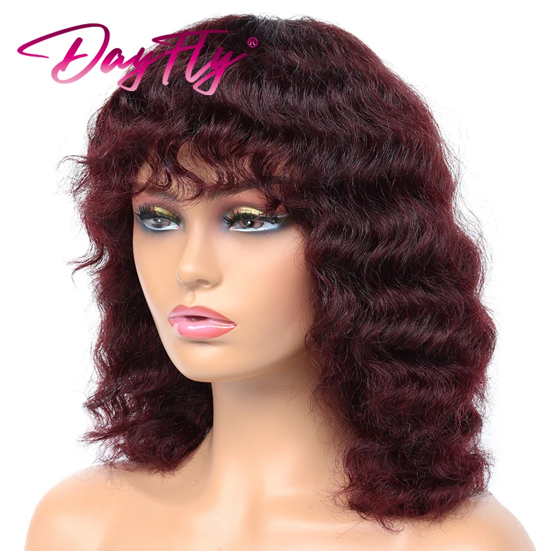 Curly Human Hair Wigs With Bangs Ombre Brazilian Hair Wave Wig For Women No Lace Full Machine Wig P4 27 30 99J Glueless Wigs