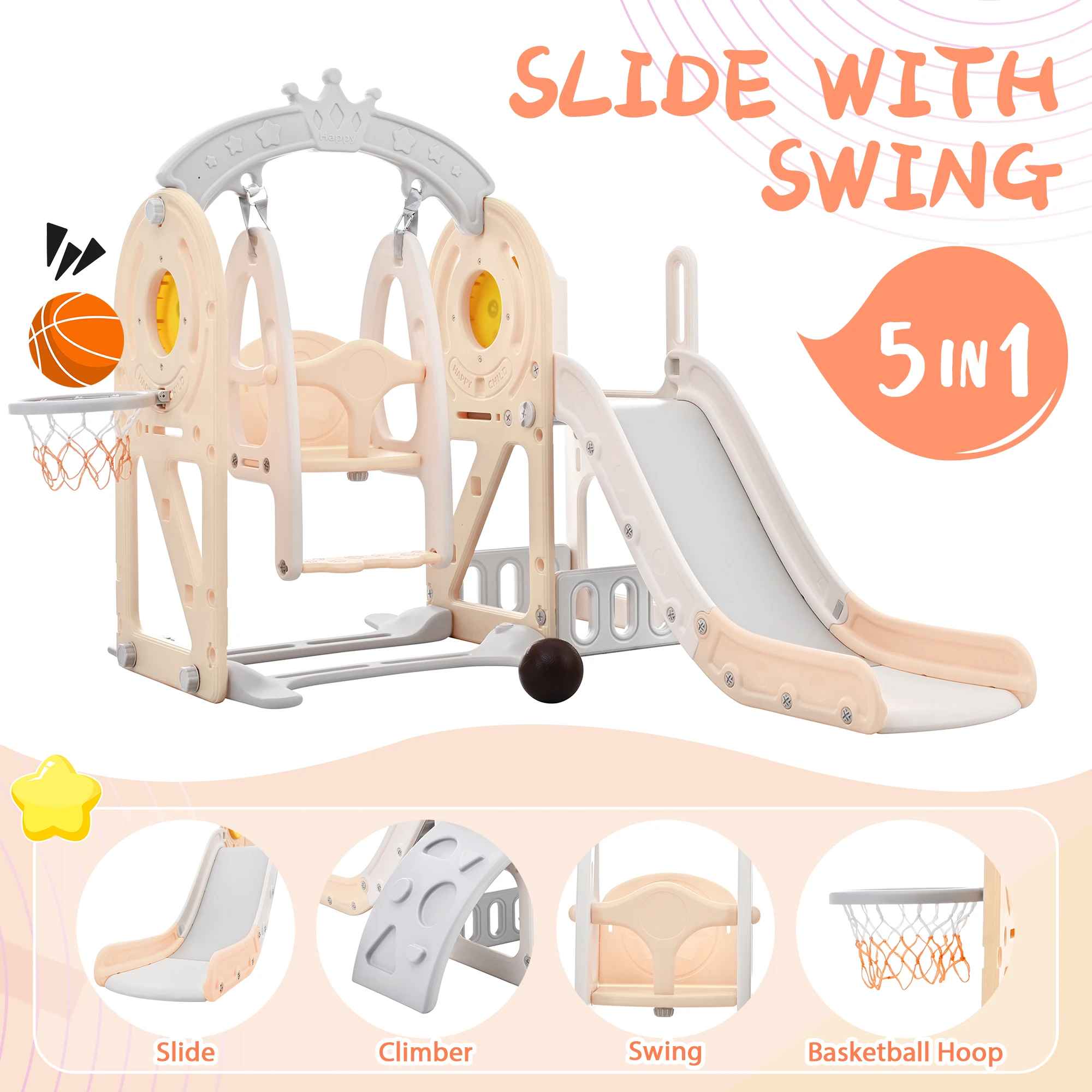5 In 1, Kids Playground Climber Slide Playset With Basketbal