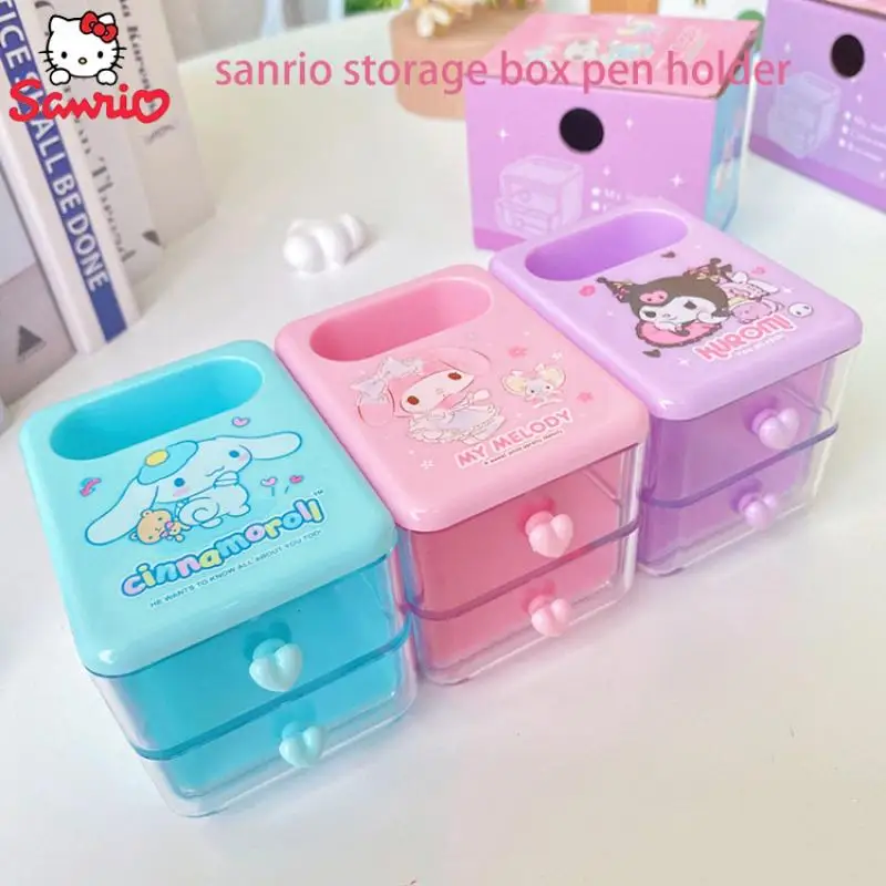 

2023 Sanrio Kuromi My Melody Cinnamoroll Storage Box Desktop Mini Pen Holder Makeup Brush Holder Double Layer Drawer Jewelry Box