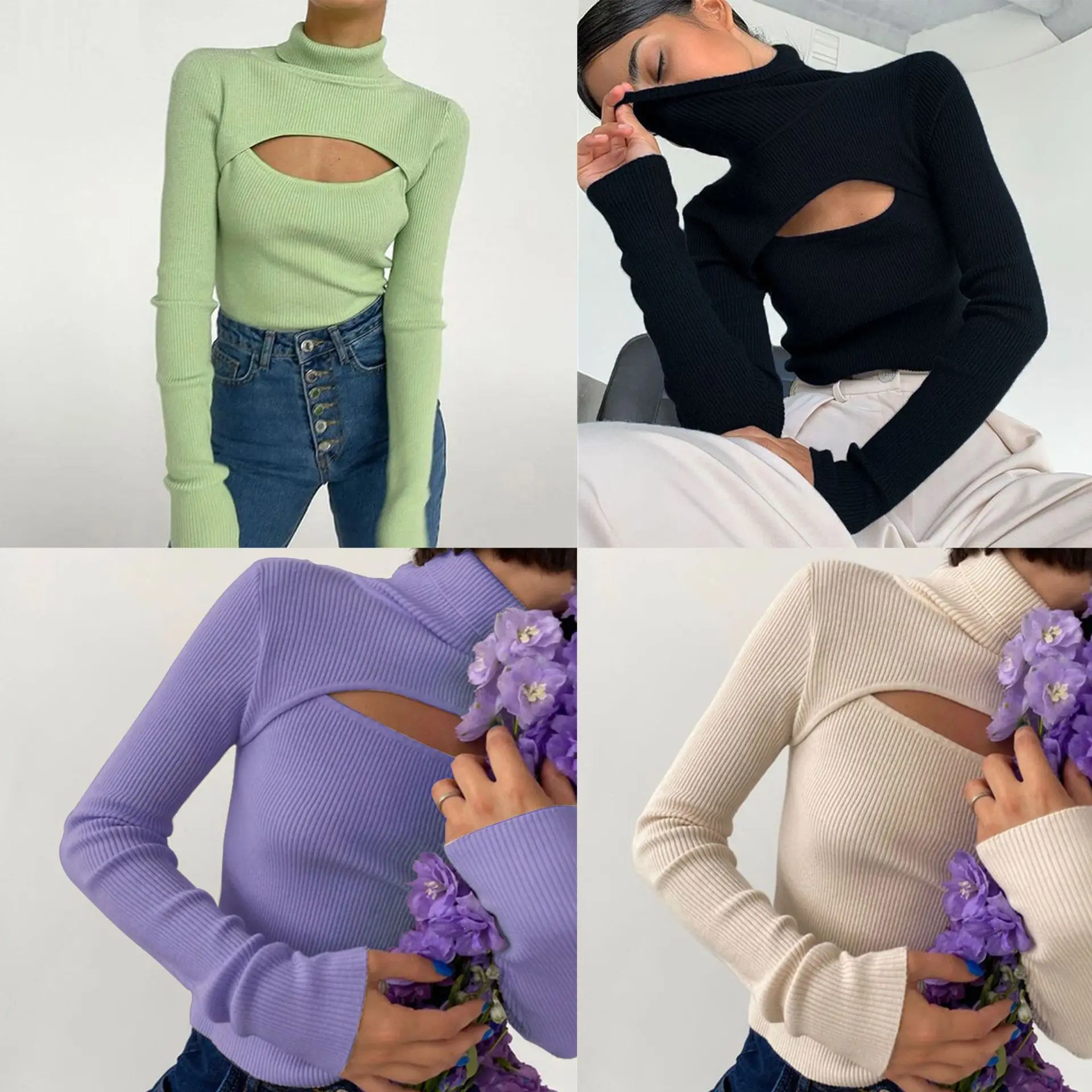 

Sexy Hollow Knit Top Sweater Women Party Navel Slim Ribbed Summer Lady Shirts Solid Color Skinny Casual Top Pullover