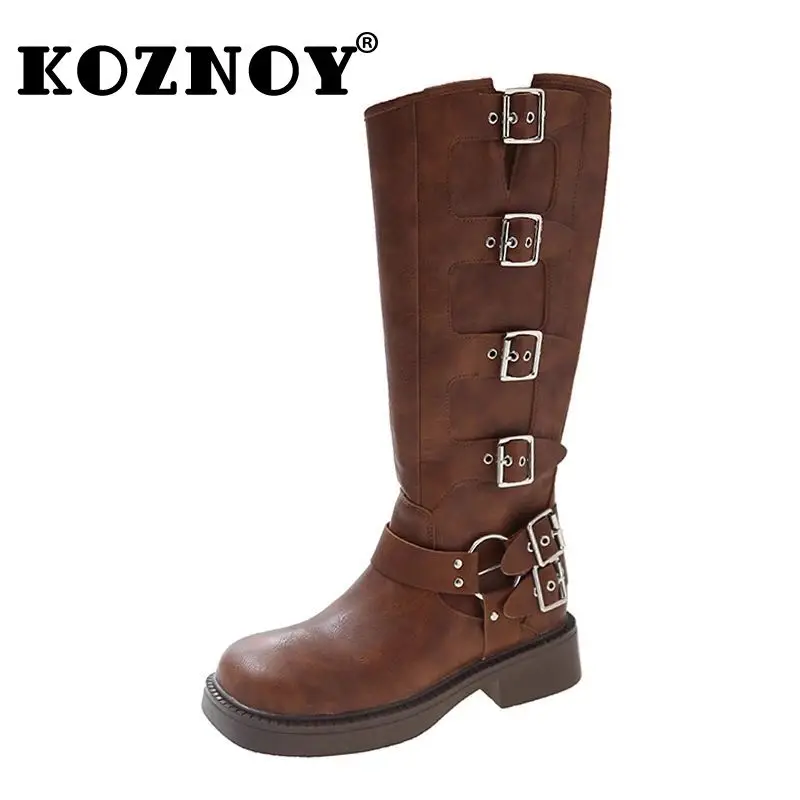 

Koznoy 4.5cm Microfiber Genuine Leather Women Boots Knee High Boots Autumn Slip on Fashion Platform Wedge Spring High Top Shoes