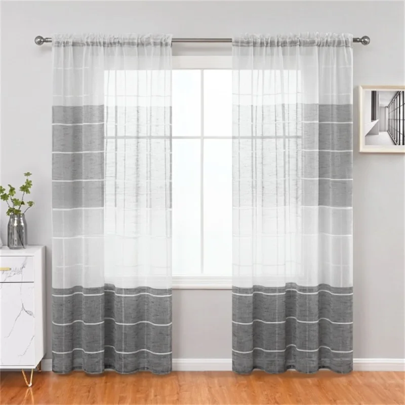 

New Curtain Gauze Embroidered Striped Gauze Curtain Bay Window Balcony Sand Curtain White Translucent Embroidery Yarn