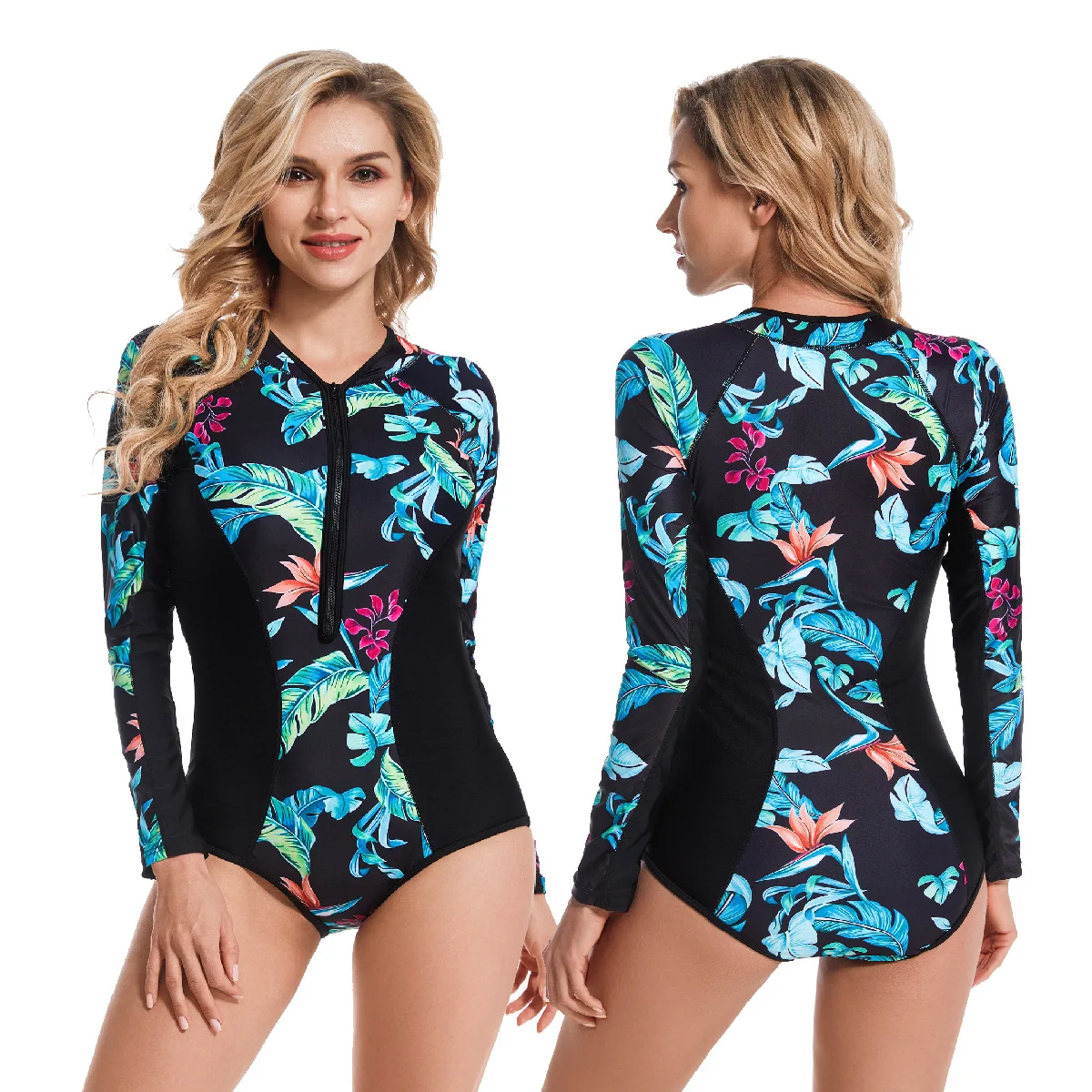 

One Piece Swimsuit Printed Summer Long Sleeved Surf Suit Sunscreen Women's Swimsuit Front Zipper Diving Suit Sexy Swimsuit