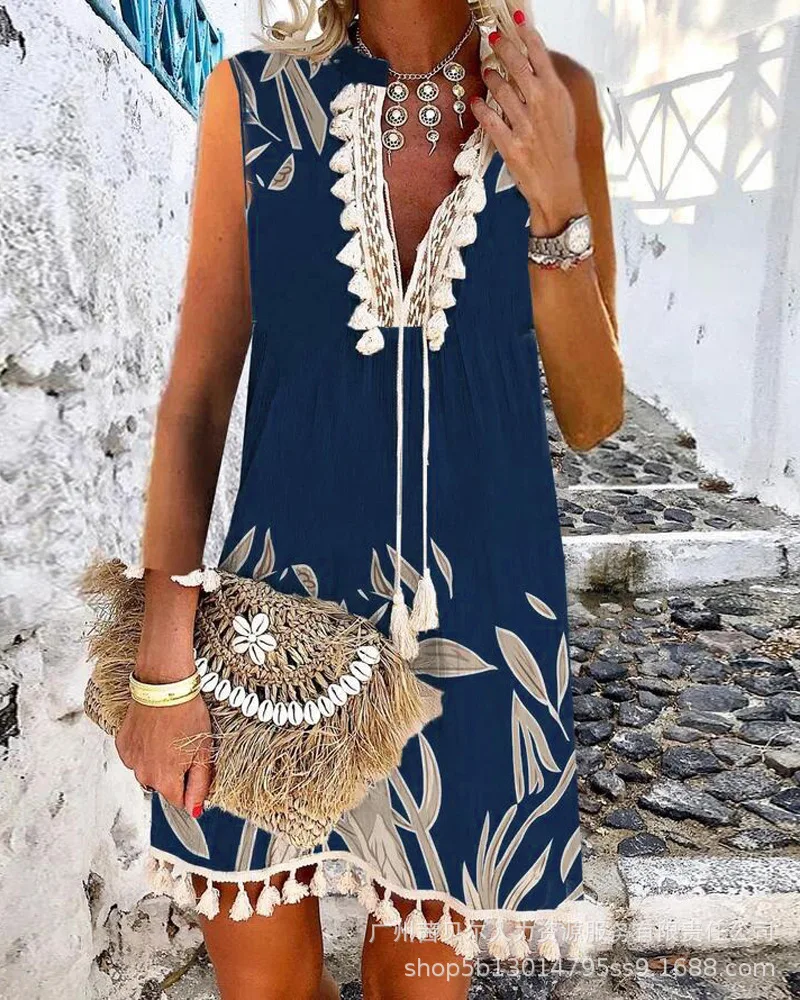 

Women Summer Spring Floral Deep V Neck Plants Print Tassel Decor Sleeveless Casual Dress Mini Dress Party