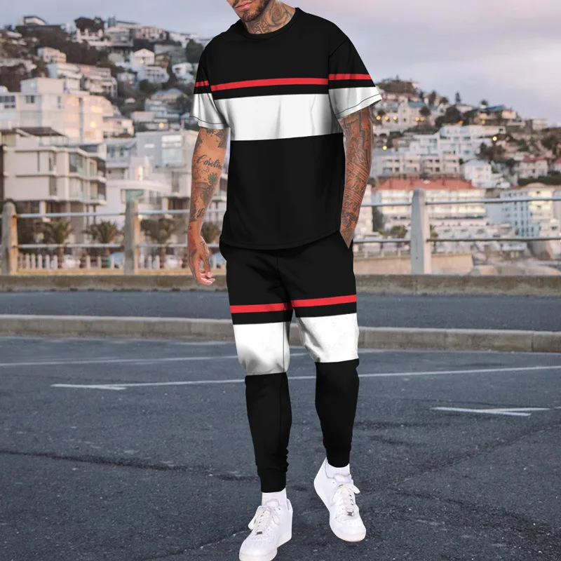 2023 Summer Men T Shirt Set Casual Stripe Print 2 Piece Short Sleeve Tracksuit Fashion Cool Streetwear Oversized Clothing