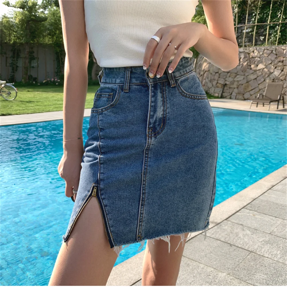

Летняя мини-юбка Hzirip 2023, Женская облегающая шикарная приталенная юбка на молнии с разрезом, новая офисная ковбойская Сексуальная джинсовая ...
