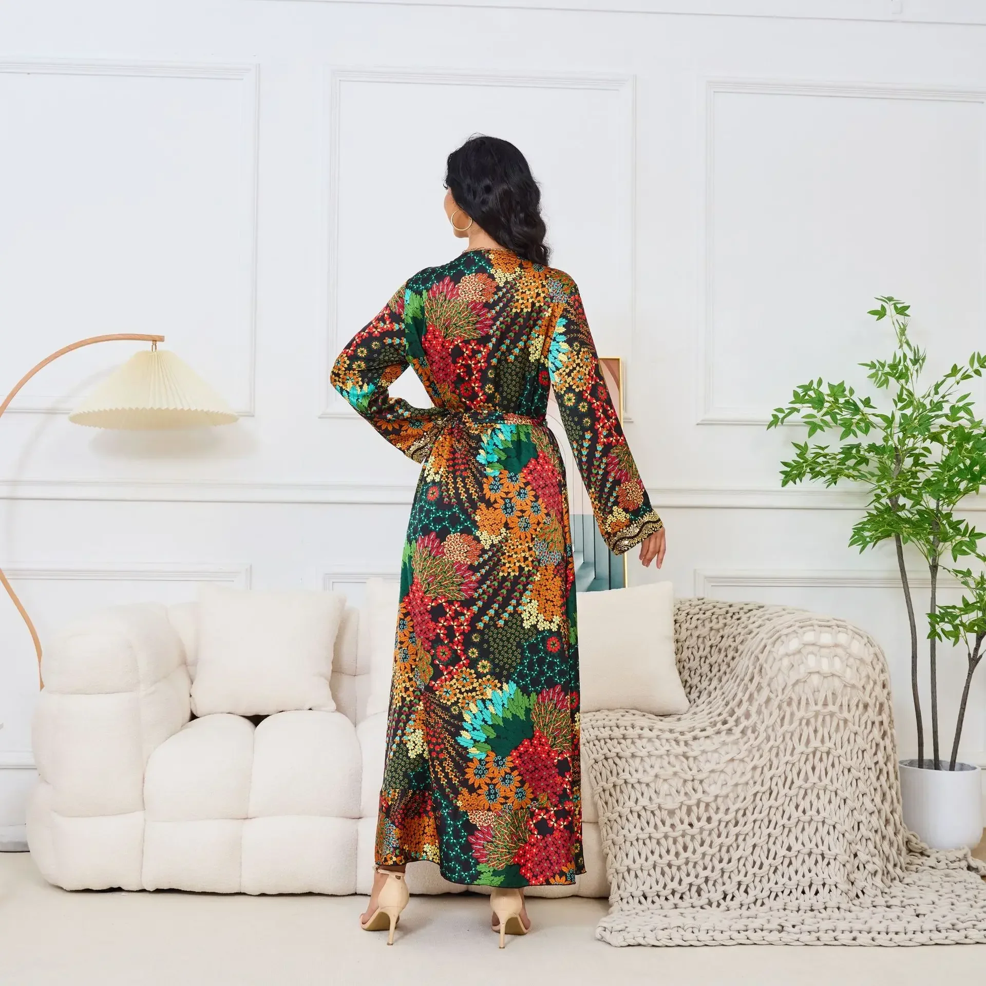 Платье с принтом для женщин модная мусульманская Абая повседневная v-образным