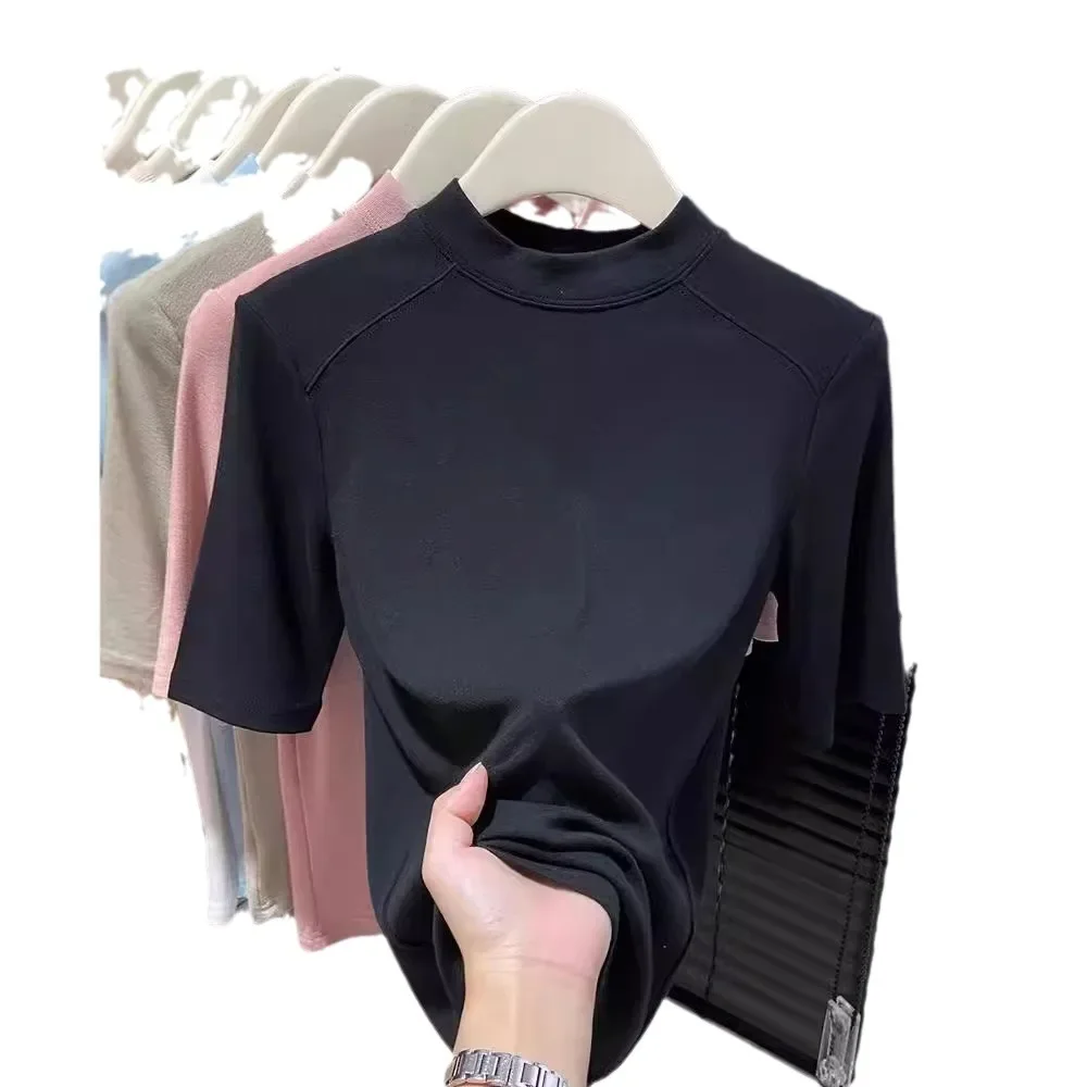 White Slim Fit Mid Sleeve Half High Collar Base Shirt Autumn Winter Fashionable European Style Velvet Women's Top Layer |