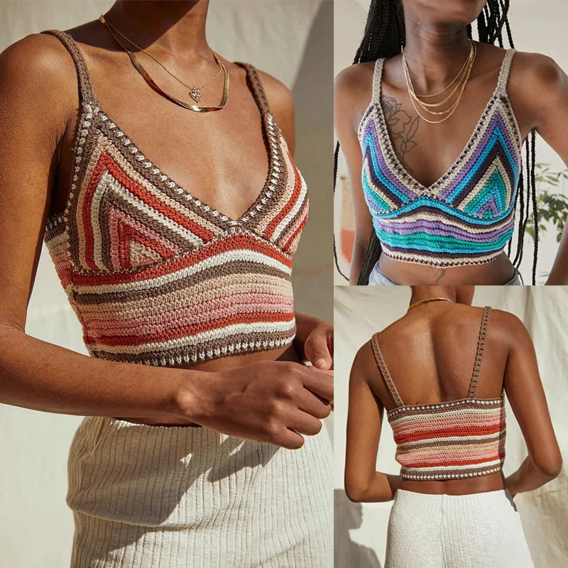 

Suspender vest sexy knitted vest color matching wool striped open navel blouse